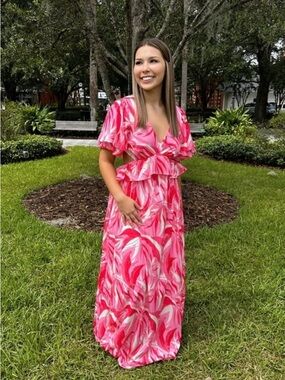 Pink Swirl V-Neck Ruffle Maxi Dress